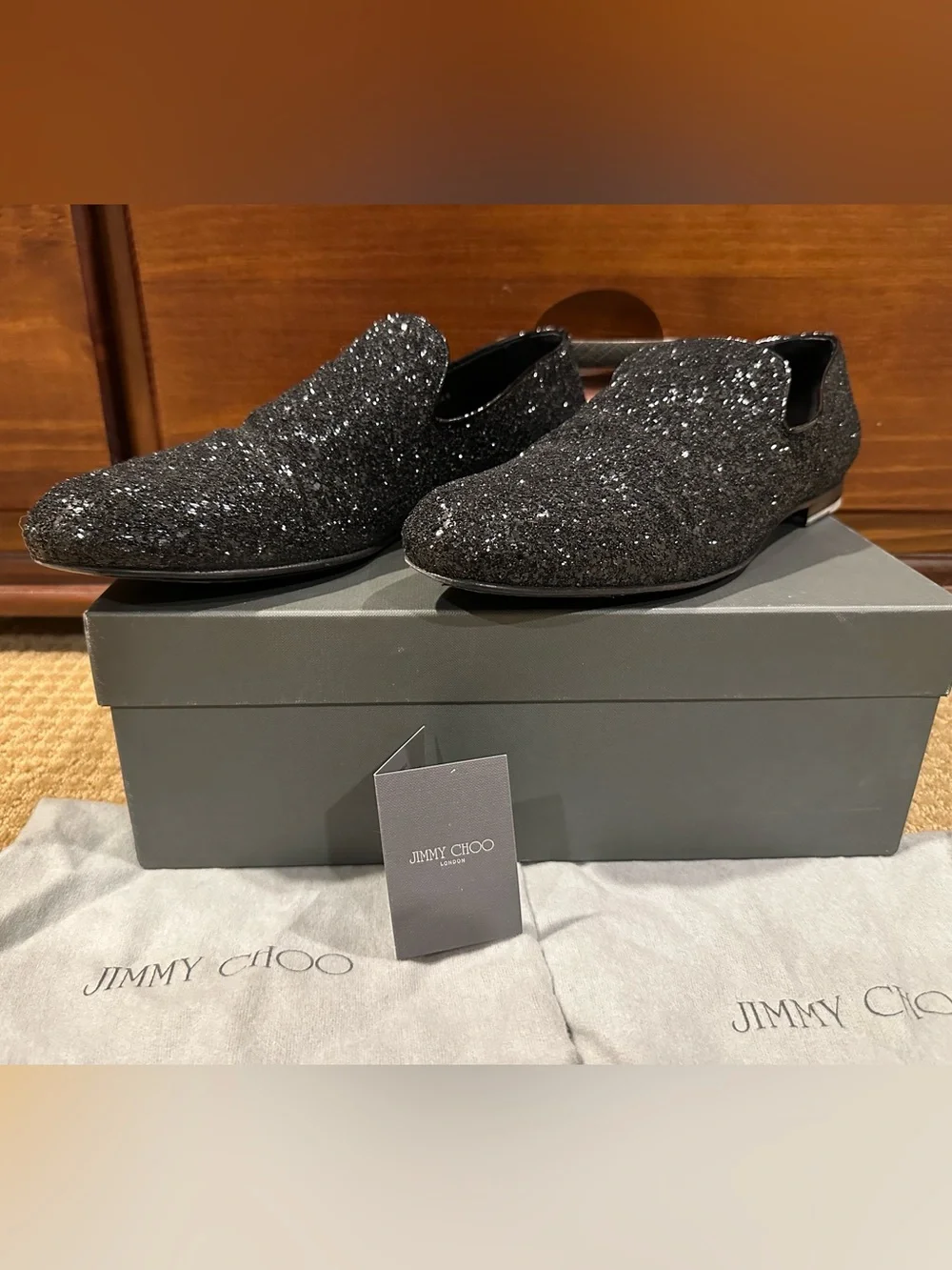 Jimmy Choo Sloane Men’s Black Glitter Slip-On Loafers Size 12M